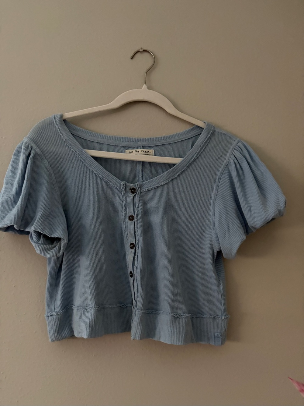 We The Free Powder Blue Ribbed Puff-Sleeve Button Crop Top